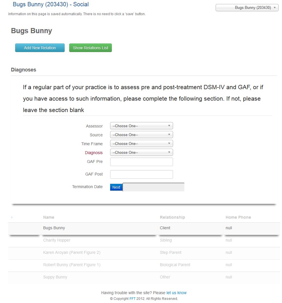 The FFT relationships interface: a family member record with conditionally displayed clinical sections.
