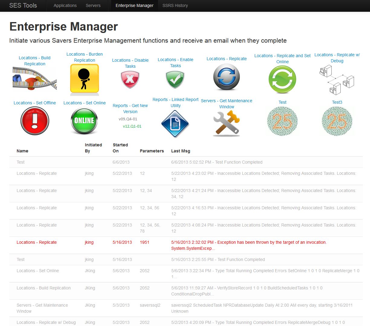 The Savers enterprise management console: a row of task icons above a run-time parameter form.