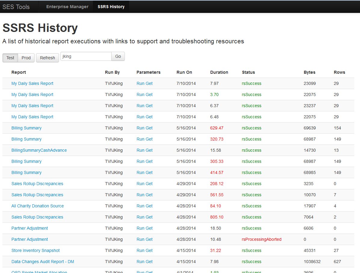 The Savers report administration screen: a list of report executions with their parameters and a re-issue action.