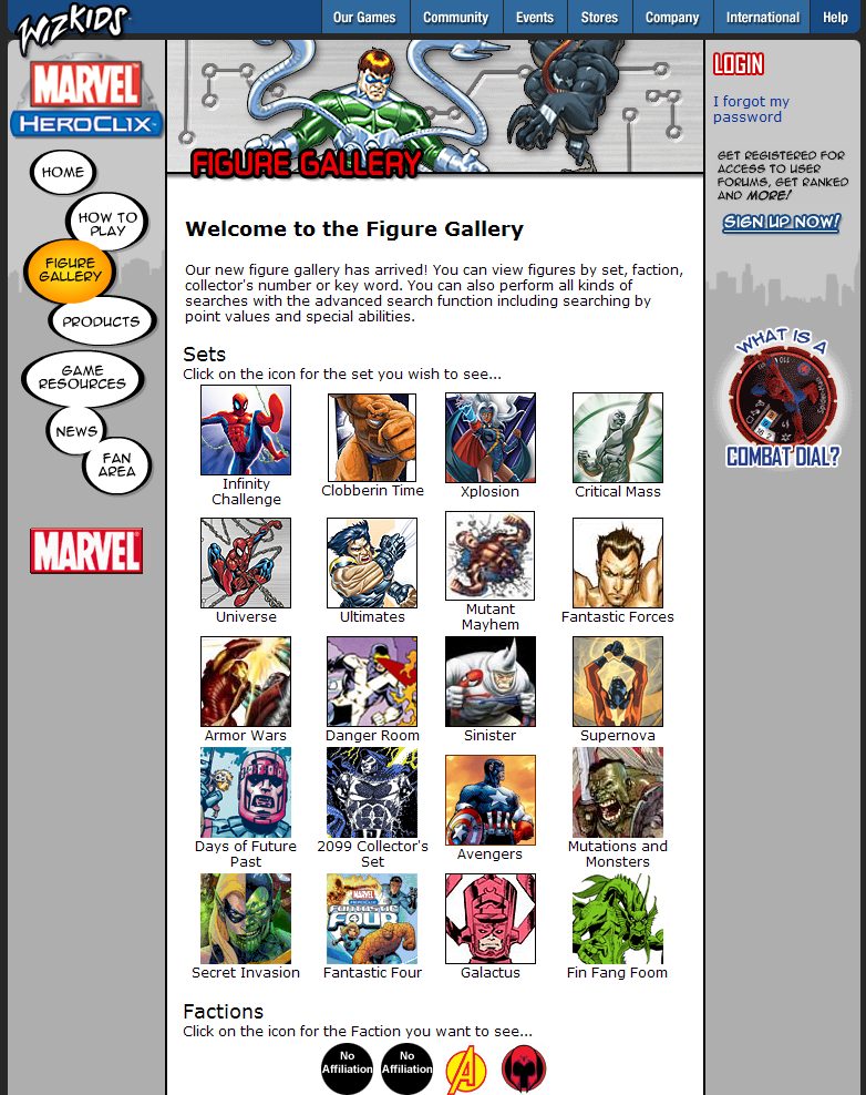 The WizKids figure gallery: search filters beside a grid of game figures with their statistics.